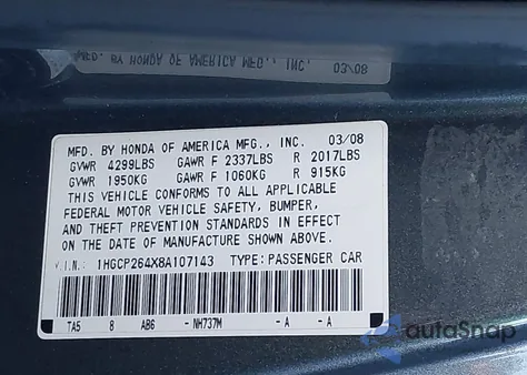 2008 Honda Accord 2.4 Lx-P z USA, uszkodzony, nr VIN 1HGCP264X8A107143
